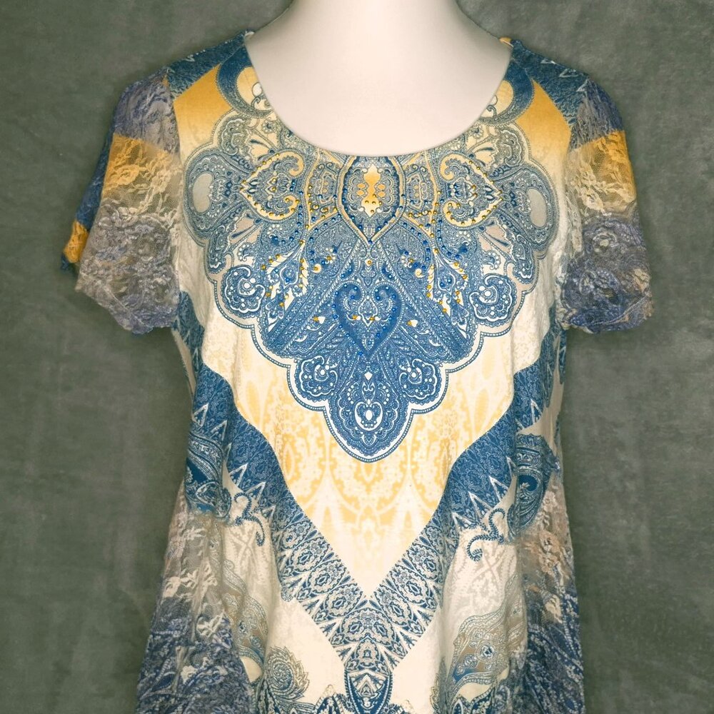 Style & Co Womens Short Sleeve Top Small Paisley Pattern Lace Sleeves & Details